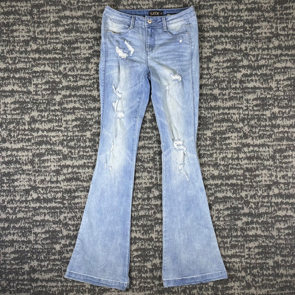 Suede Farrah Flare Jeans Junior 25 Light Wash Blue Distressed High Rise Boho